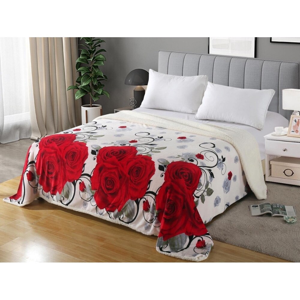 Patura cocolino pat dublu cu blanita House model trandafiri alb/rosu, 200x230cm