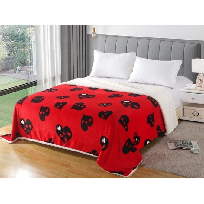 Patura cocolino pat dublu cu blanita House model inimioare rosu/negru, 200x230cm