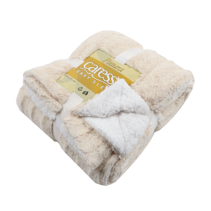 Patura de pat Caressa Easy Sleep, material moale si pufos, poliester, crem-alb, 160 x 220 cm