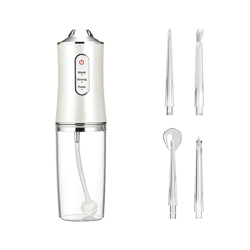 Irigator oral electric profesional pentru dus oral, Sundiguer®, Ultra-portabil, Rezervor 240 ml, 4 capete de curatare, Alb