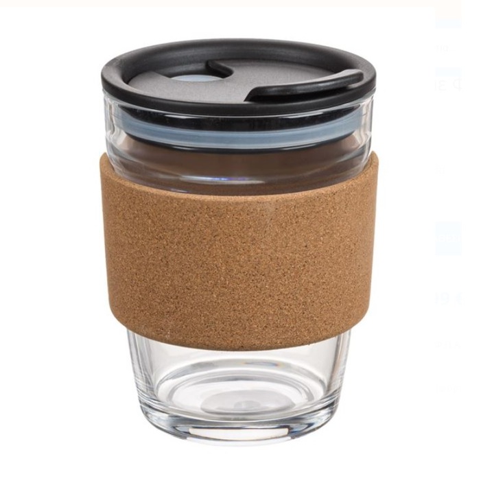 Pahar din sticla, pentru bauturi calde, capac rotativ 3 pozitii, protectie pluta, Maro/Negru, 12x9 cm, 270ml