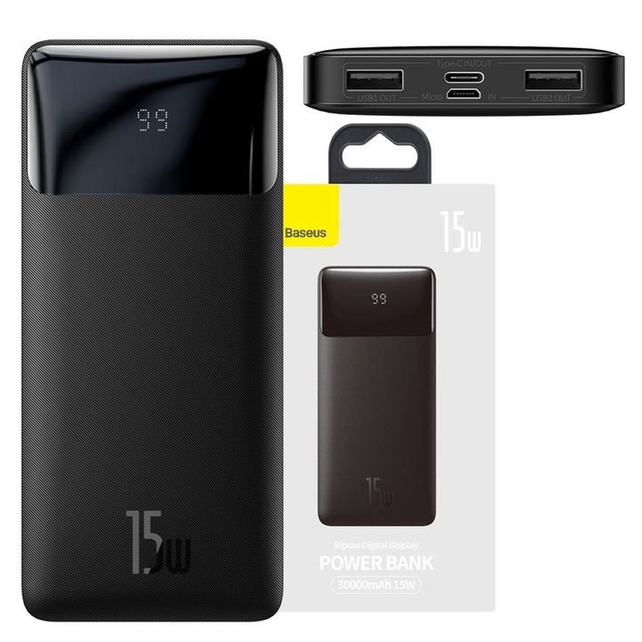 Powerbank Baseus Bipow, 30000 mAh, цифров дисплей, черен