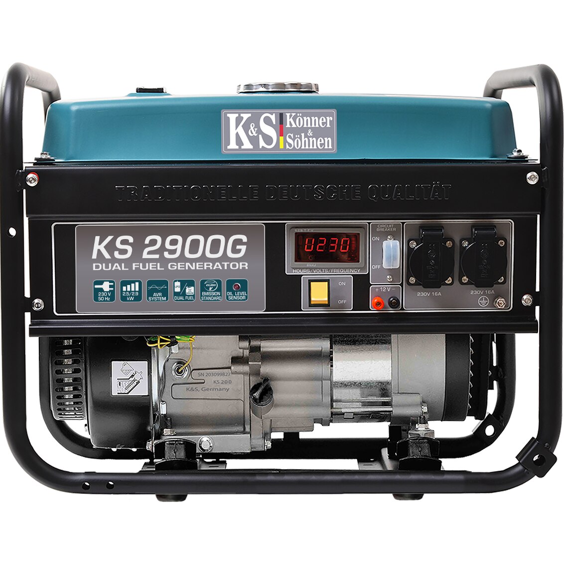 Generator curent electrc cu alimentare hibrida, Konner Sohnen KS 2900G, monofazat, 2900W, prize 2x16A / 230V; 1x12V DC, protectii automate, AVR automat, pornire la sfoara