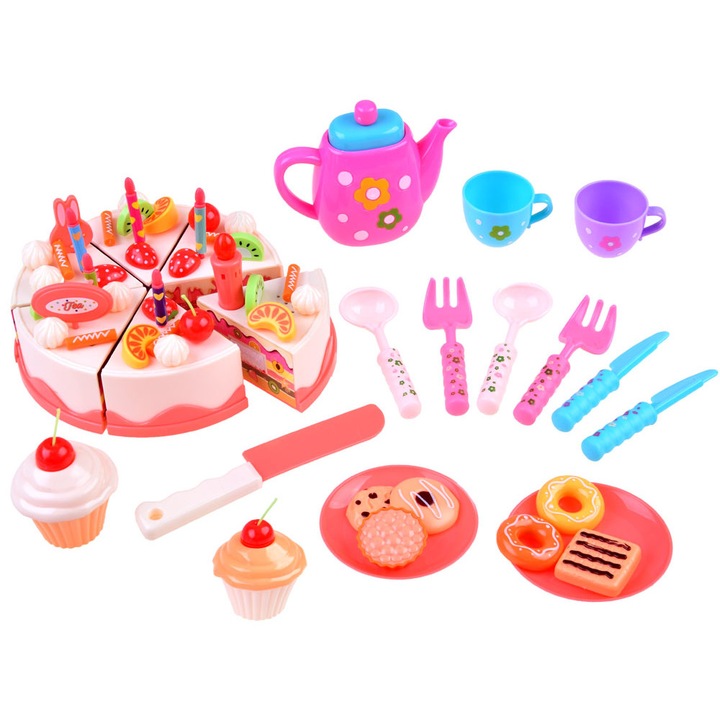 Set de Joaca, Tort Aniversar DIY, Piese Unite cu Velcro, Include 67 Piese, cu Lumini, Numerose Accesorii, Ceainic, Cesti, Tacamuri, Indiggo, 3ani+, Roz