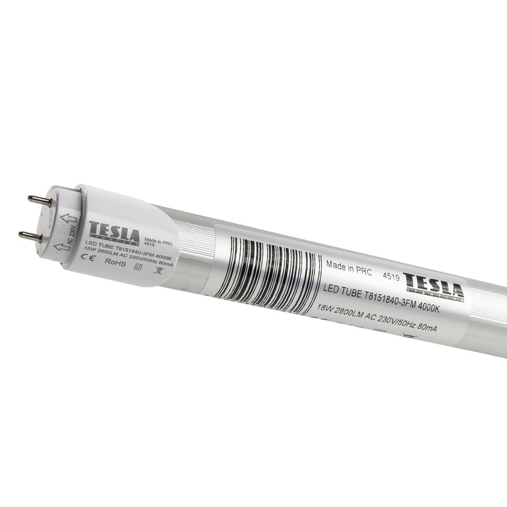 Led тръба, TESLA Lighting, 18W, SMD технология, T8, G13, 1200mm, 230V, 2160lm, студена светлина 5000K, T8121850-3FM