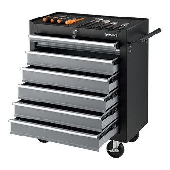 Dulap scule, pro.tec, Model 7 sertare, 69 x 33 x 77,5 cm, otel/plastic, negru, mobil, cu 2 chei si 2 roti blocabile Dulap scule, pro.tec, Model 7 sertare, 69 x 33 x 77,5 cm, otel/plastic, negru, mobil, cu 2 chei si 2 roti blocabile
