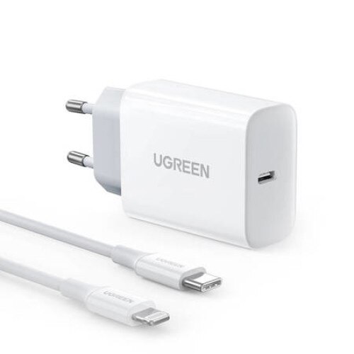 Incarcator de retea, UGREEN, IMK-CD137, 1 port USB-C, 20W, Quick Charge 3.0, PD, Universal, Alb, Cablu USB-C-Lightning inclus
