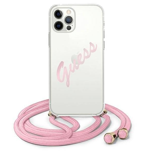 Husa Guess Vintage Cord pentru iPhone 12 Pro Max, Policarbonat, Transparent/Roz