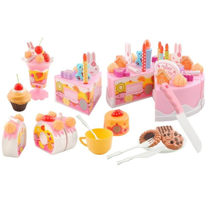 Пълен комплект бонбони с пластмасова торта за рожден ден, Zola®, свещи и плодове, с включени прибори, 75 части