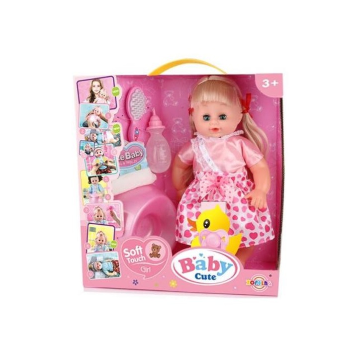 Magic Toys 5151649 Hajas baba rózsaszín ruhában kiegészítőkkel 35cm-es