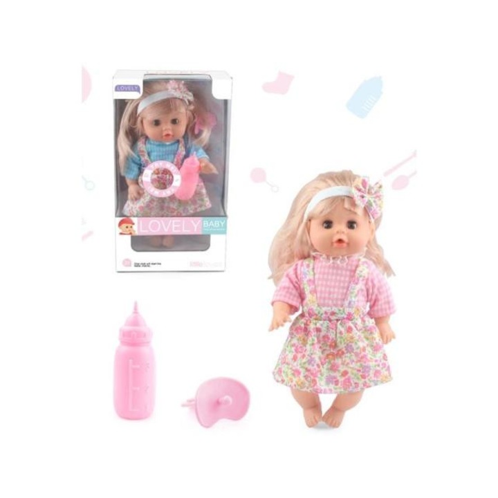 Magic Toys 6482032 Sweet Baby baba szőke hajjal nyári ruhában, hanggal és cumikkal több változatban