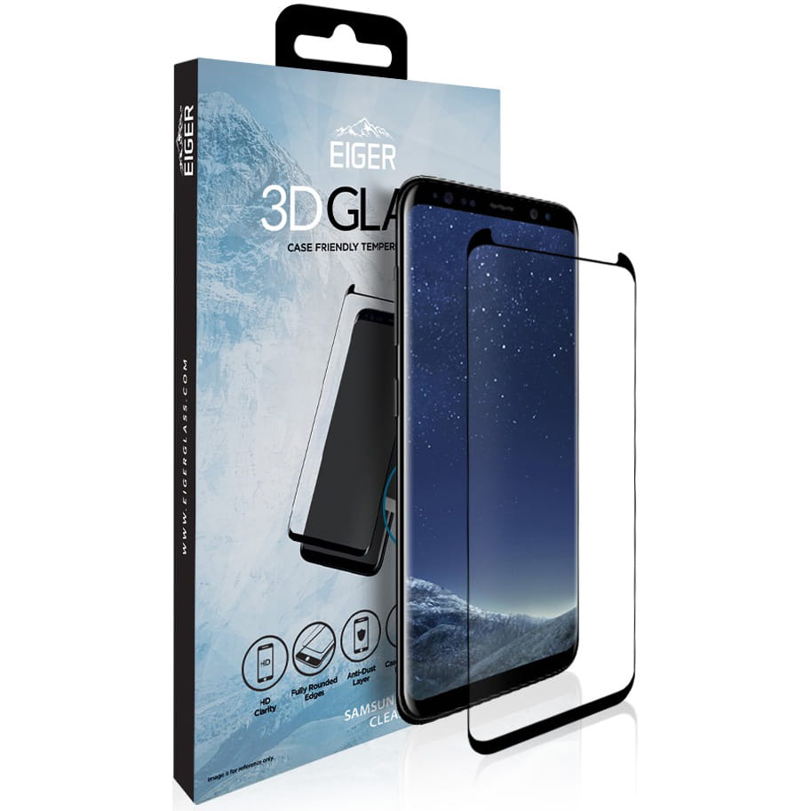 Folie de sticla, 3D Glass Friendly, Eiger, pentru Samsung Galaxy S8, Cadru negru, Transparent