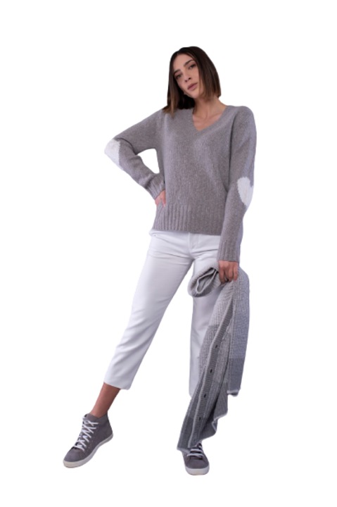 Pulover I Rocchi Cashmere, cu decolteu in V, lana, gri