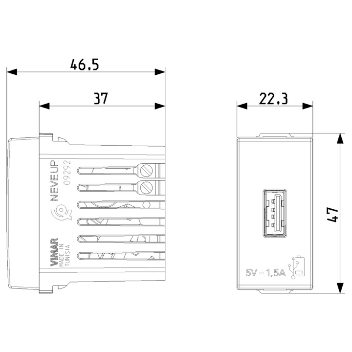 Priza USB, Incarcator 5V, 1.5A, 1 modul, Vimar, NEVE, NEGRU carbon mat, 09292.CM