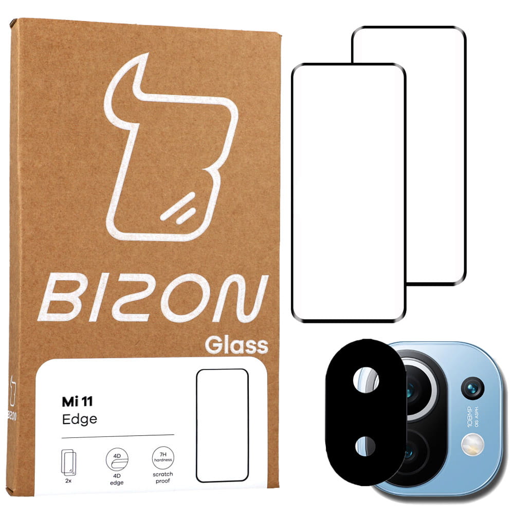 Set folii protectie ecran si camera foto Bizon Edge pentru Xiaomi Mi 11, Sticla securizata, 7H, Transparent/Negru