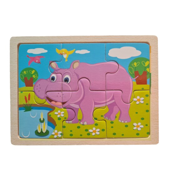 Puzzle lemn Hipopotam 6 piese, +3 ani, 15x11 cm