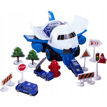 Set Avion Portabil de Transport Police City Patrol, 4 Masinute de Politie si Semne de Circulatie, 20 x 24 x 14 cm Set Avion Portabil de Transport Police City Patrol, 4 Masinute de Politie si Semne de Circulatie, 20 x 24 x 14 cm