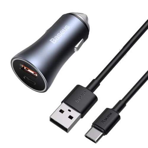 Incarcator auto, Baseus Golden Contactor Pro, IMK-TZCCJD-0G, 2 porturi ,1xUSB si 1xUSB-C, Quick Charge, SCP, 40W, Gri inchis, Cablu USB-USB-C inclus
