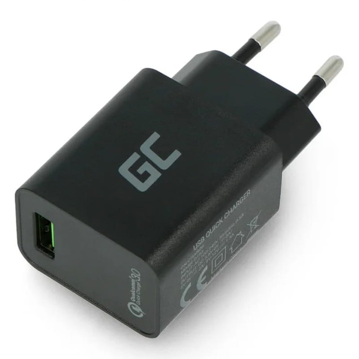 Incarcator retea Green Cell ONE, 1 x USB-A, QC 3.0, 18W, Negru