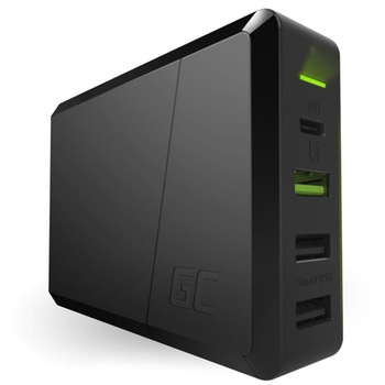 Incarcator Green Cell, 75W, QC 3.0, 3 x USB-A, 1 x USB-C PD, 120 cm, Universal, Negru Incarcator Green Cell, 75W, QC 3.0, 3 x USB-A, 1 x USB-C PD, 120 cm, Universal, Negru