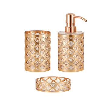 Set accesorii baie Dispenser sapun, Pahar suport periute si Savoniera, MEKA, Auriu Set accesorii baie Dispenser sapun, Pahar suport periute si Savoniera, MEKA, Auriu