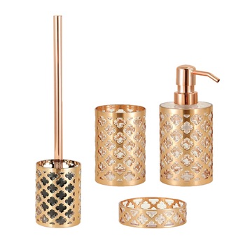 Set accesorii baie Perie WC, Dispenser sapun, Pahar suport periute si Savoniera, MEKA, Auriu Set accesorii baie Perie WC, Dispenser sapun, Pahar suport periute si Savoniera, MEKA, Auriu