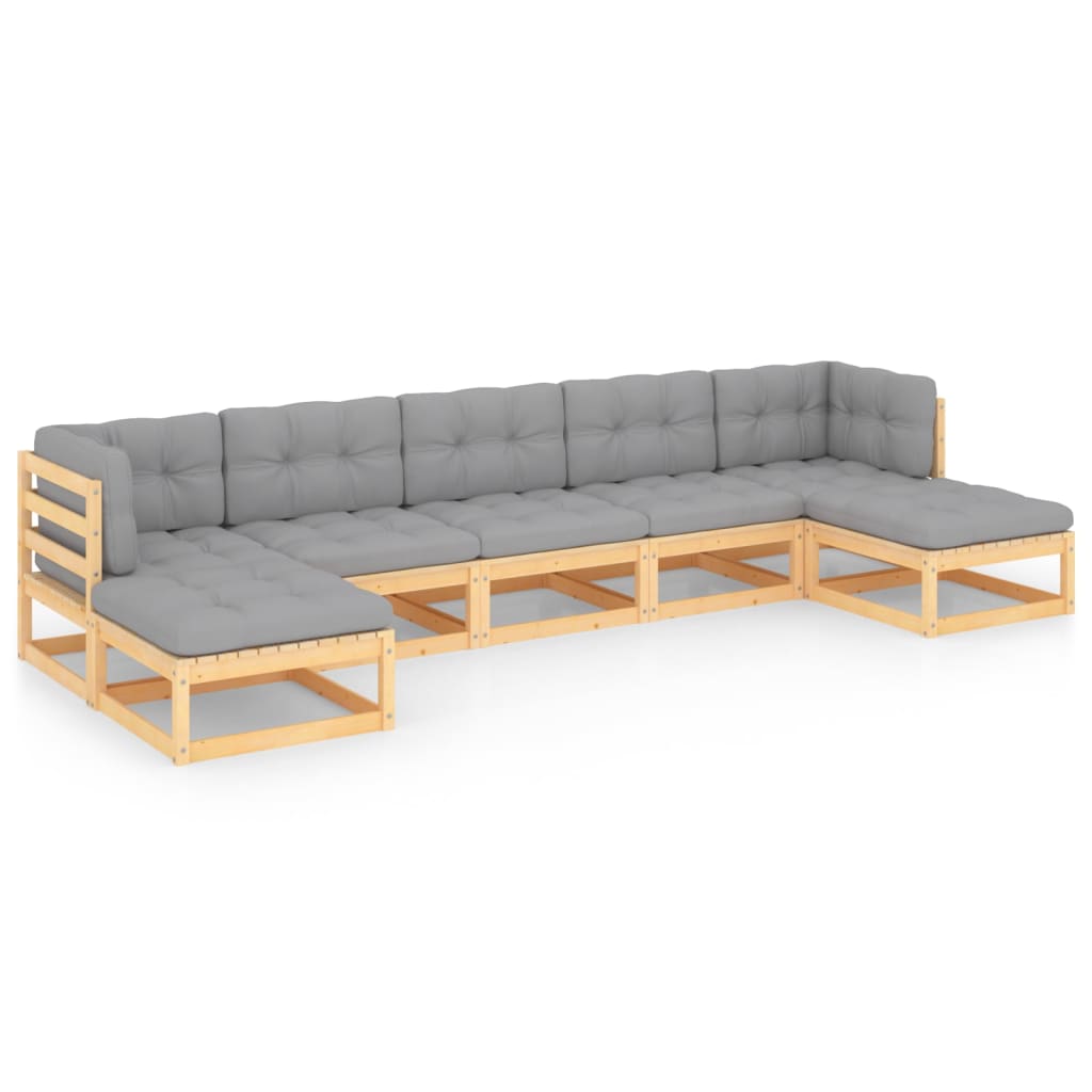 Set mobilier de gradina cu 2 canapele de colt, 3 canapele de mijloc si 2 tabureti cu perne vidaXL, Lemn, Maro/Gri deschis