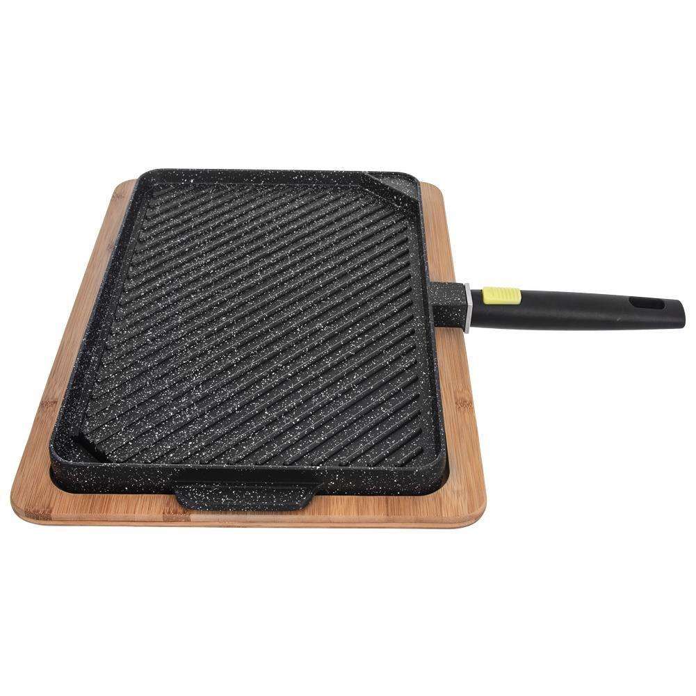 Tigaie grill + Tocator bambus Orion Grande, Aluminiu/Granit, 43 x 26 x 2.5 cm, Negru/Maro