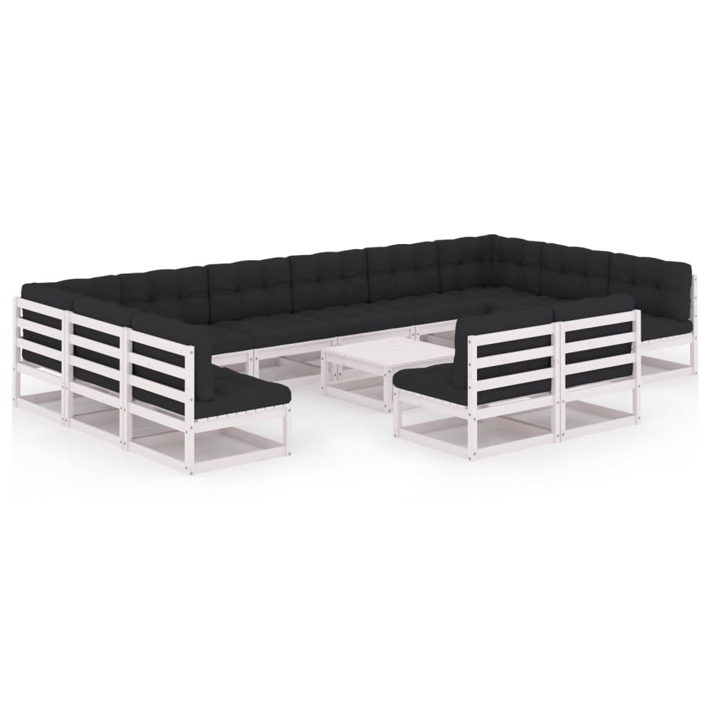 Set mobilier de gradina cu 10 canapele de mijloc, 2 canapele de colt cu perne si 1 masa vidaXL, Lemn, Alb/Antracit