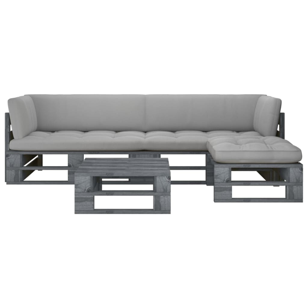 Set mobilier paleti cu perne, 4 piese, lemn pin gri tratat