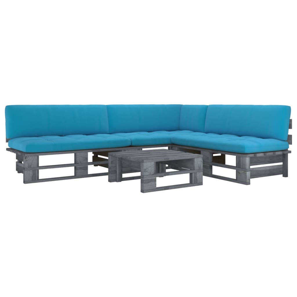 Set mobilier paleti cu perne, 4 buc., gri, lemn de pin tratat