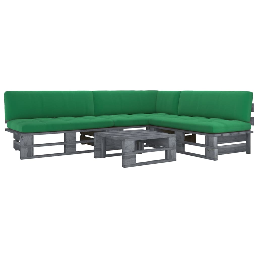 Set mobilier paleti cu perne, 4 piese, gri, lemn de pin tratat