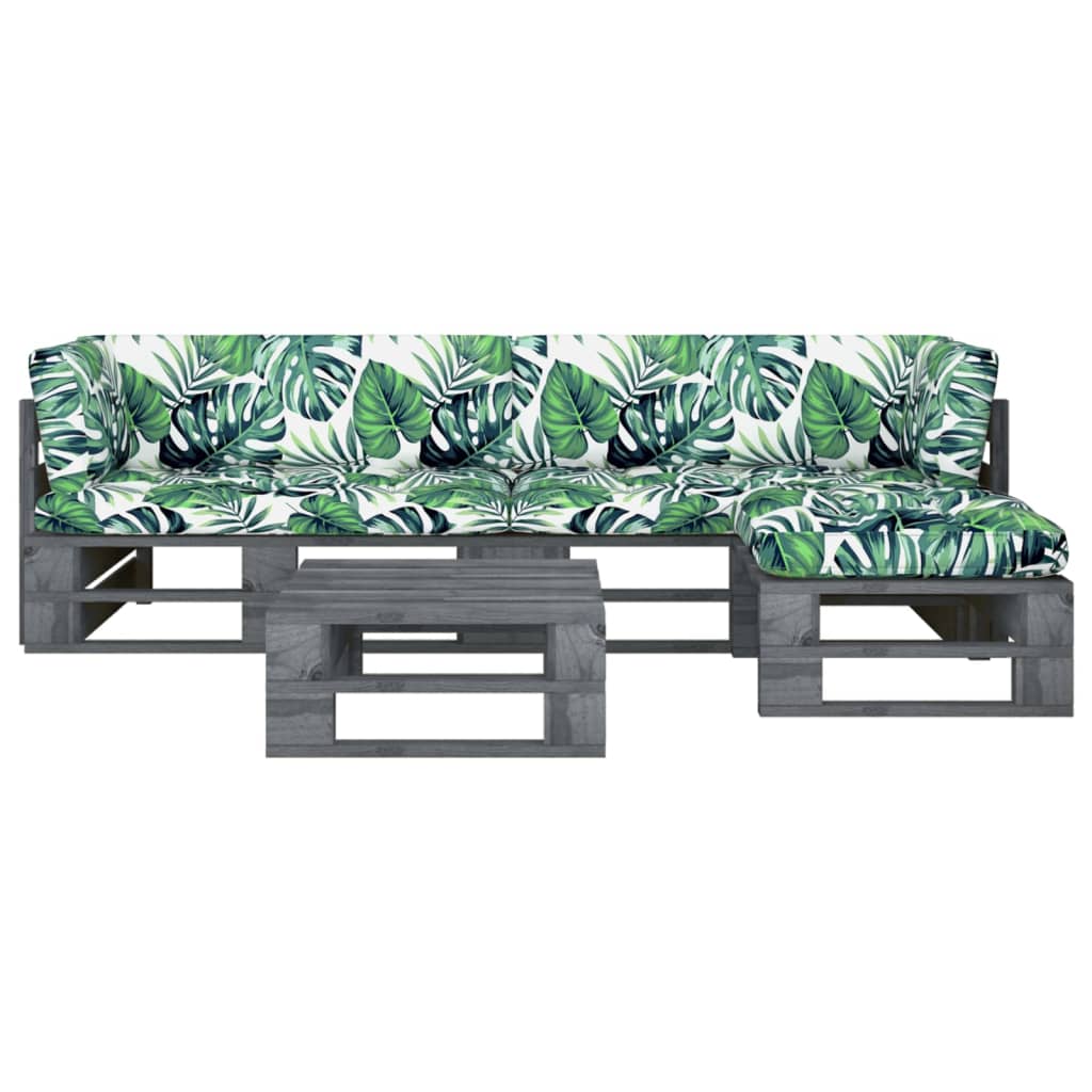 Set mobilier paleti cu perne, 4 piese, gri, lemn pin tratat