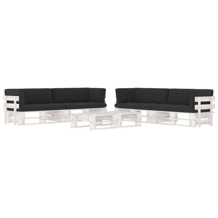 Set mobilier paleti cu perne, 6 piese, alb, lemn pin tratat
