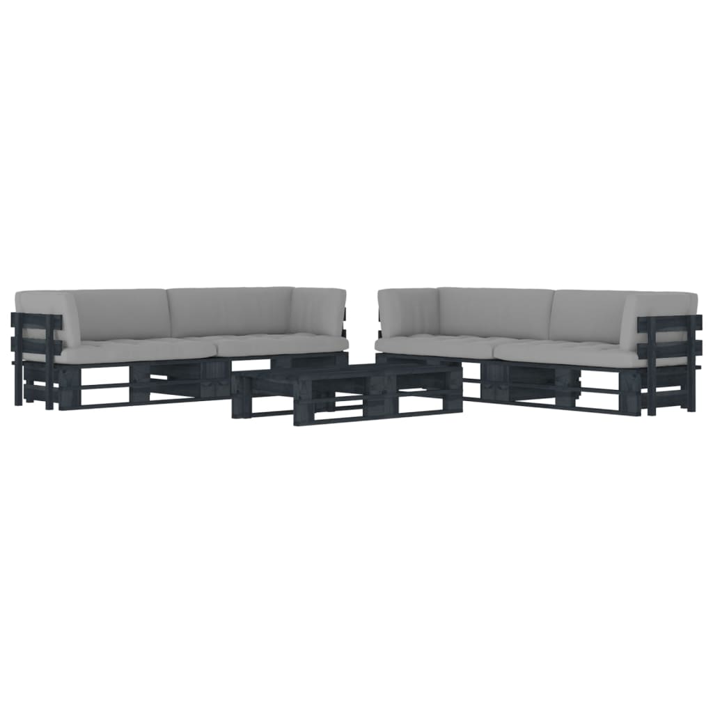 Set mobilier paleti cu perne, 6 piese, negru, lemn pin tratat