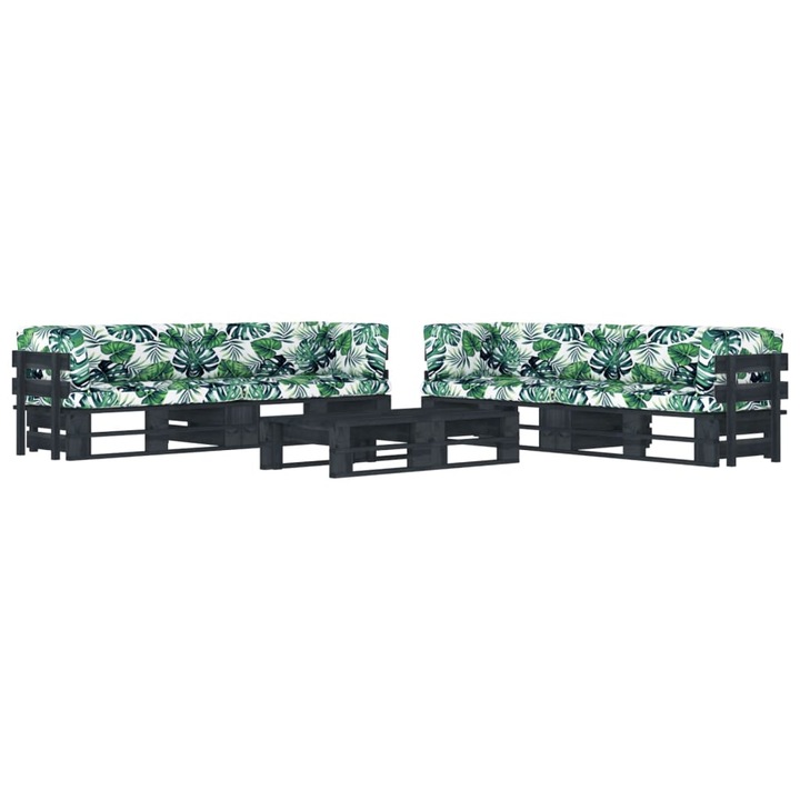 Set mobilier paleti cu perne, 6 piese, negru, lemn pin tratat