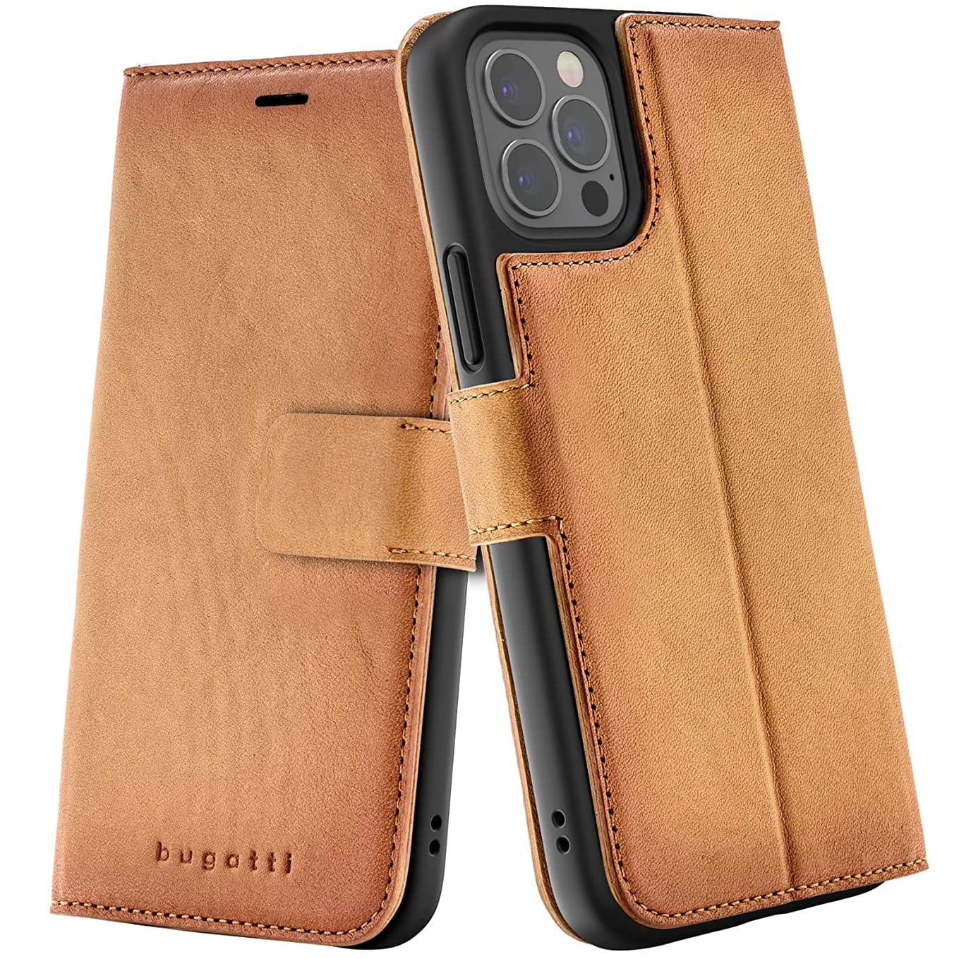 Husa Bugatti Zurigo, Tip portofel, Compatibila cu iPhone 12/12 Pro, Piele naturala, Maro
