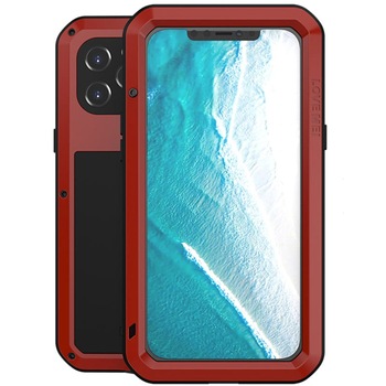 Set husa si sticla, Love Mei, Compatibila cu iPhone 12 Pro Max, Rosu Set husa si sticla, Love Mei, Compatibila cu iPhone 12 Pro Max, Rosu