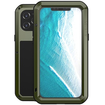 Set husa si sticla, Love Mei, Compatibila cu iPhone 12 Pro Max, Verde Set husa si sticla, Love Mei, Compatibila cu iPhone 12 Pro Max, Verde