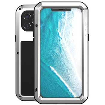 Set husa si sticla, Love Mei, Compatibila cu iPhone 12 Pro Max, Argintiu Set husa si sticla, Love Mei, Compatibila cu iPhone 12 Pro Max, Argintiu