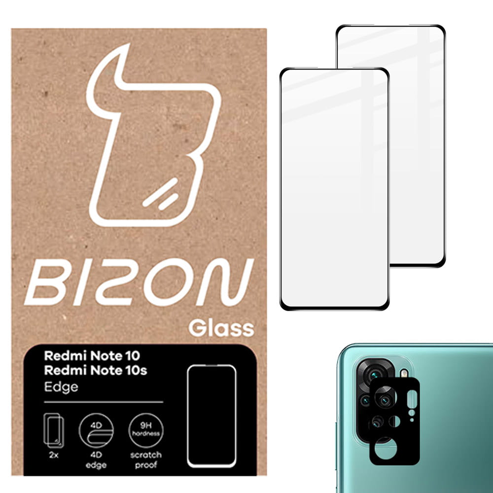 Folie din sticla securizata Bizon Glass Edge - 2 bucati + protectie lentile, Redmi Note 10 / 10S, negru