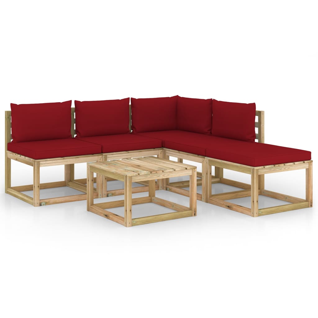 Set mobilier de gradina, 6 piese, cu perne rosu vin