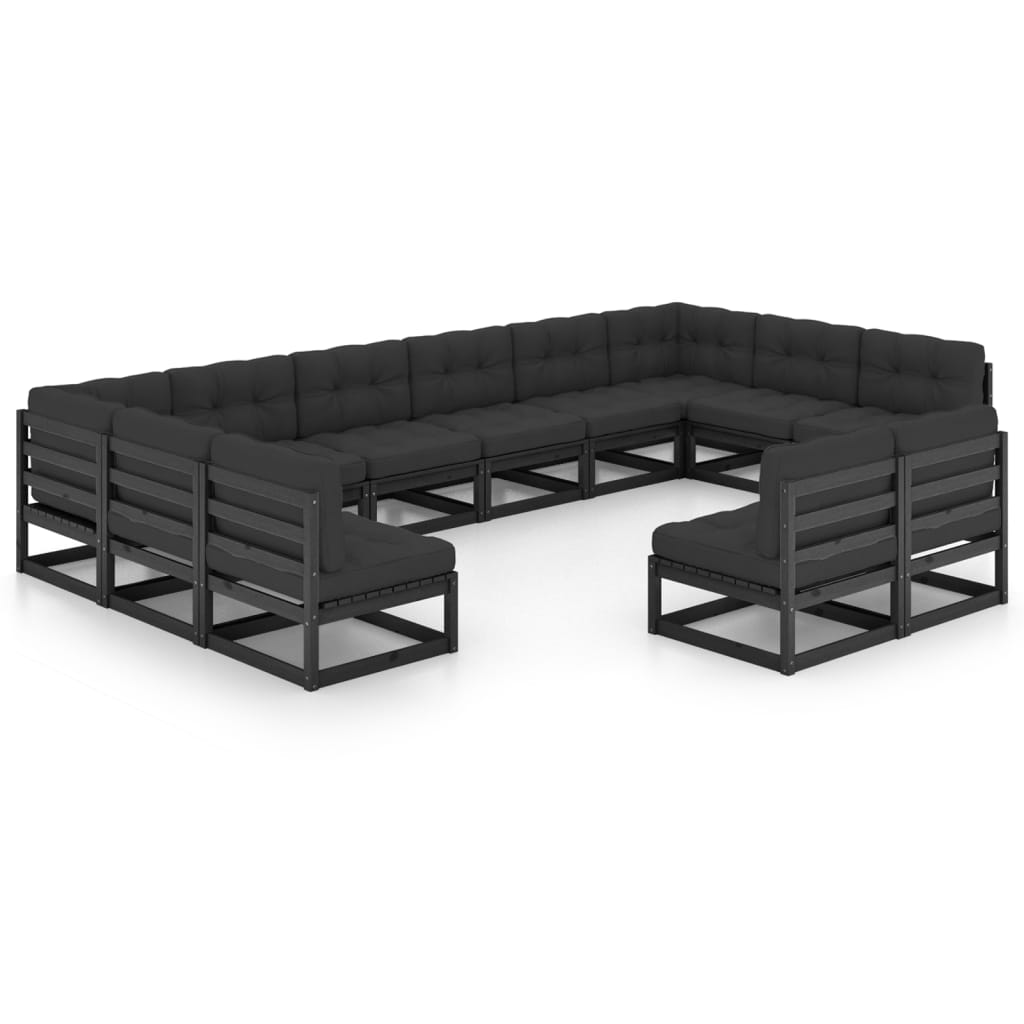Set mobilier gradina cu perne, 12 piese, negru, lemn masiv pin