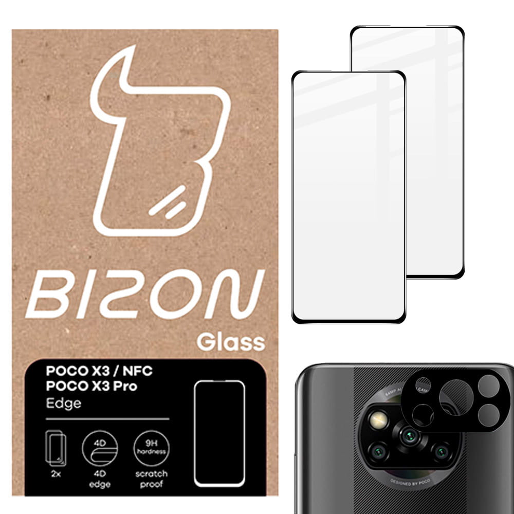 Folie de sticla securizata Bizon Glass Edge - 2 bucati + protectie lentile, Xiaomi Poco X3 / NFC / PRO, negru