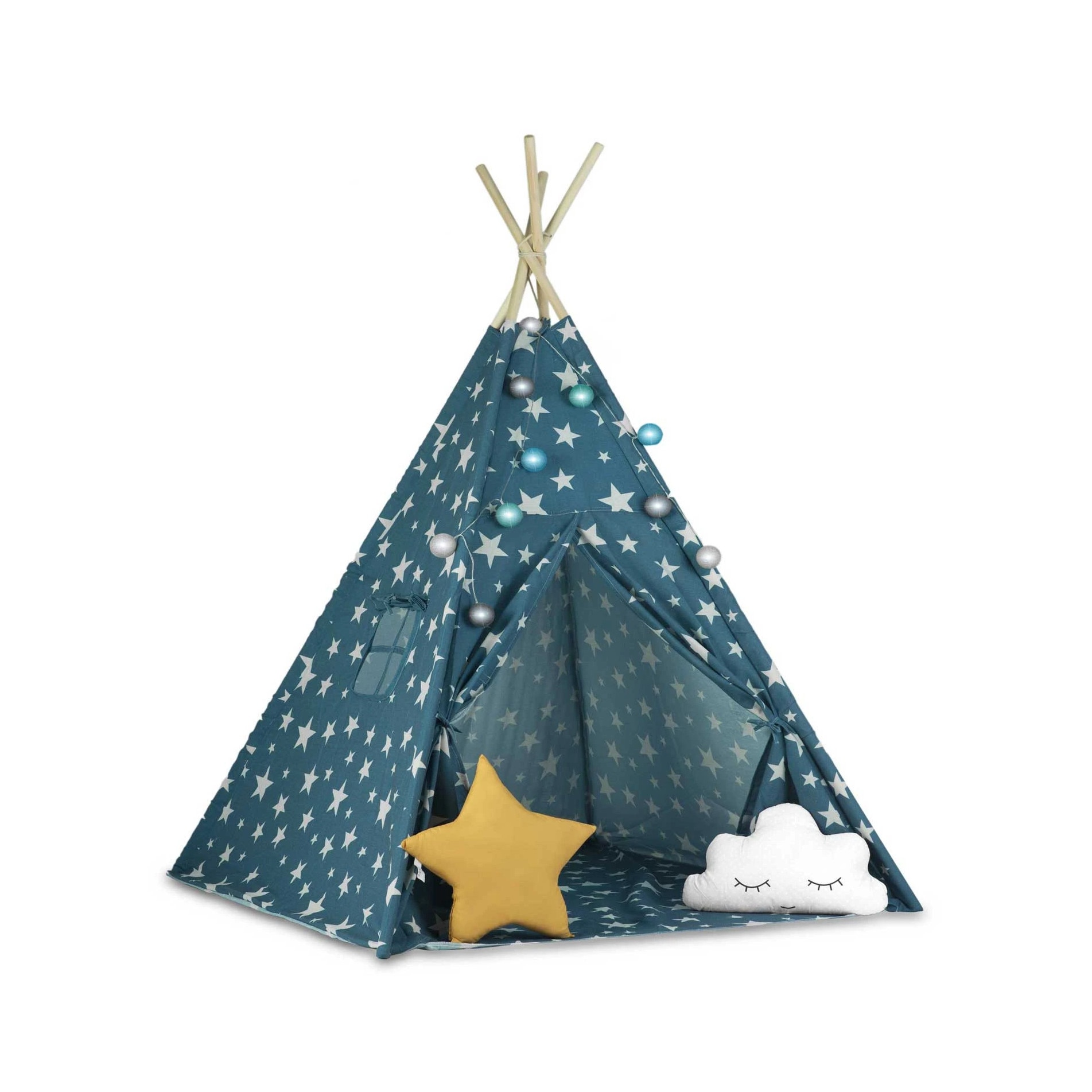 Cort montessori model cu stele, instalatie, perne moi, structura lemn, jaluzele si tesatura dedicata