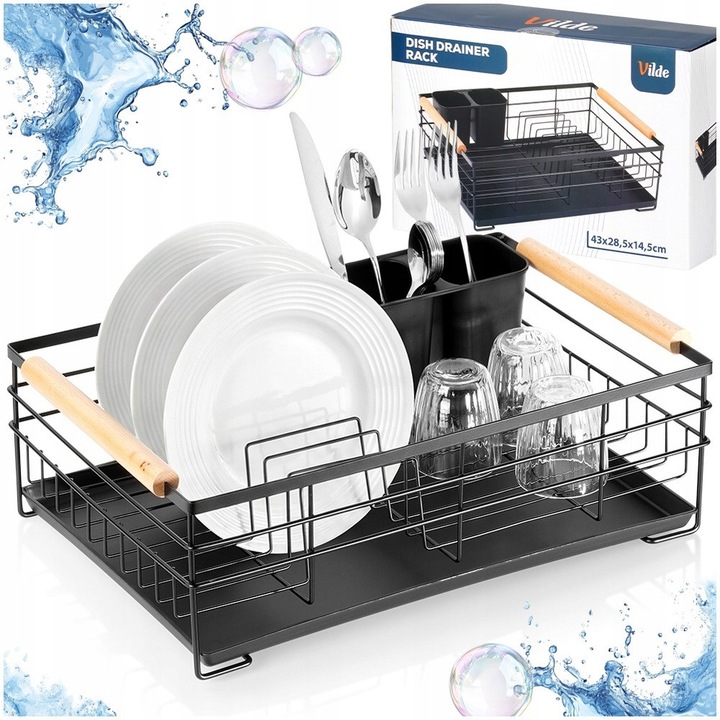 Suport Pentru Vase, Vilde, 43x28.5x14.5 cm, Fabricat Din Otel Inoxidabil, Tava De Scurgere Detasabila, Spatiu Pentru 10 Farfurii, Manere Din Bambus, Materiale De Inalta Calitate, Negru