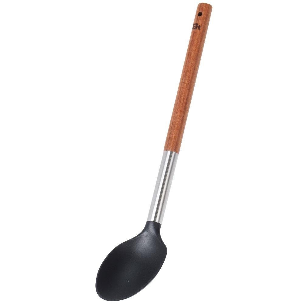 Lingura de bucatarie Excellent Warehouse, Lemn/Inox/Nylon, 34 cm, Maro/Negru