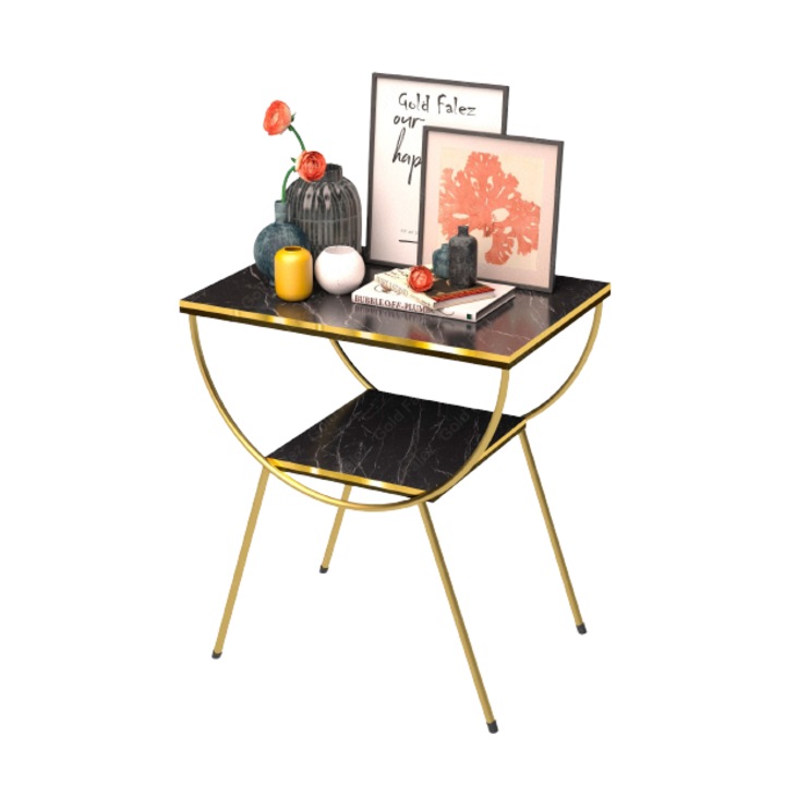 Masuta etajata cu banda aurie Zigon, negru marmorat, pal, EHA, 33x45x55 cm