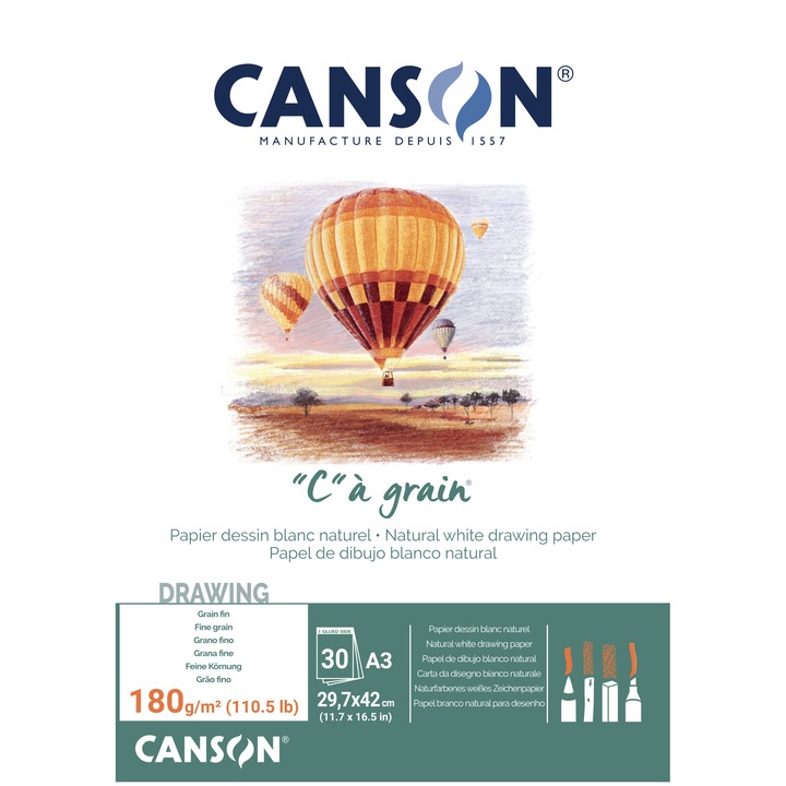 Скицник Canson "C" a grain, А3, 180 g/m2, 30 листа, Подлепен, За молив, въглен, пастел и туш