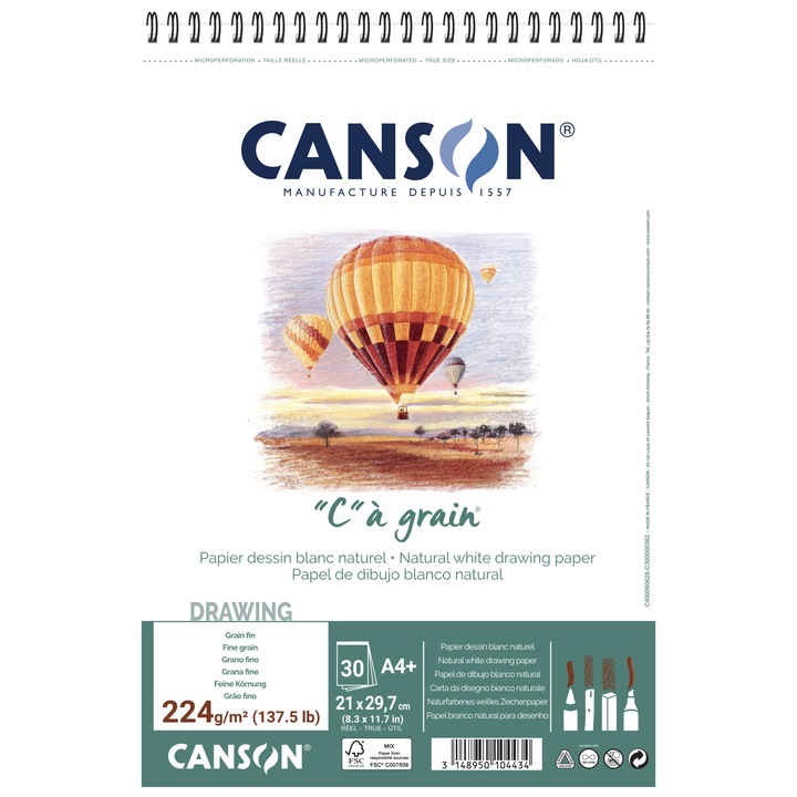 Скицник Canson "C" a grain, А4+, 224 g/m2, 30 листа, Със спирала, За молив, въглен, пастел и туш
